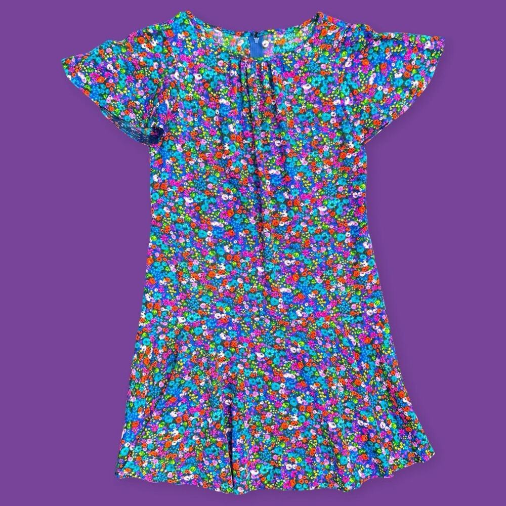 Vintage 1970s Floral Drop Waist Dress Size M Psychedelic Ditsy Flowers Cottage